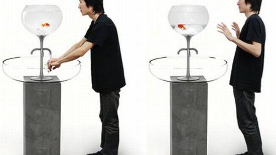 Goldfish bowl equipped sink uses guilt to make you save water