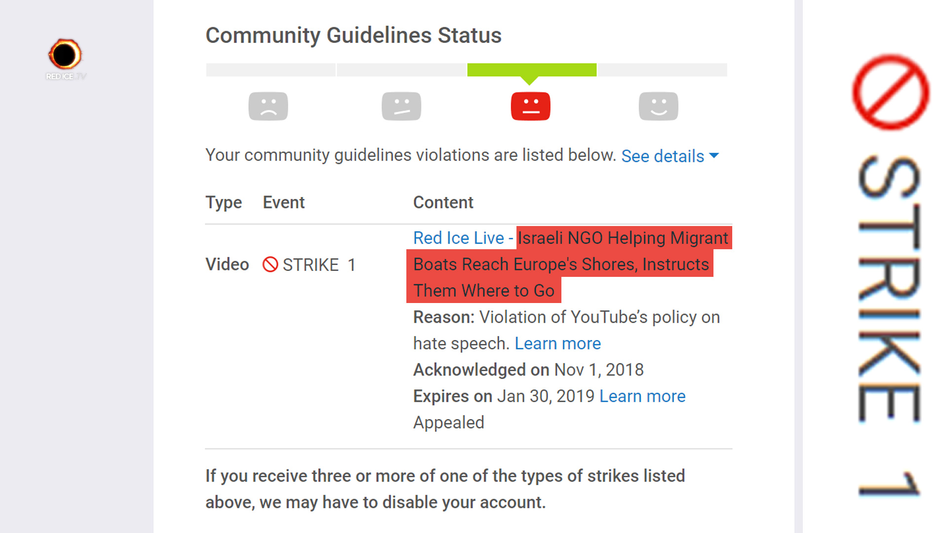 YouTube Strike 1